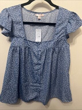 Knitted Girl Blue Polka Dot Button-Front Flutter Sleeve Top